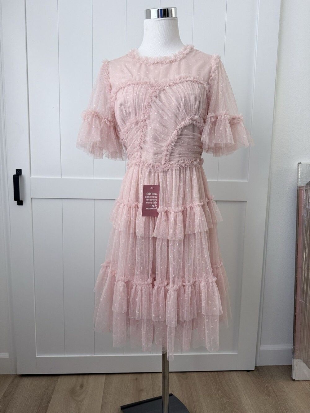 NWT Ivy City Co Whimsical Dress Sz M Pink Swiss Dot Tulle Ruffle Tiered Fairy